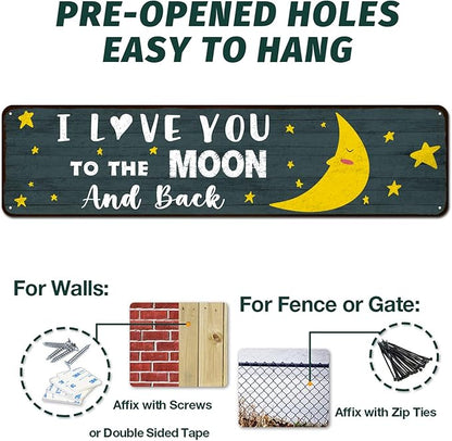Love Home Wall Decor, Tin Sign Gift for Husband, Wife, Boyfriend, Girlfriend, Weddings, Anniversary, Birthday, Valentine’s day, 4"x16" - I Love You to the Moon And Back