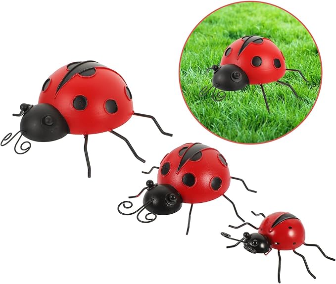 3pcs Iron Ladybug Ornaments Outdoor Garden Decor Simulation Beetle Sculptures Patio Lawn Decorations for Home Terrace Tabletop
