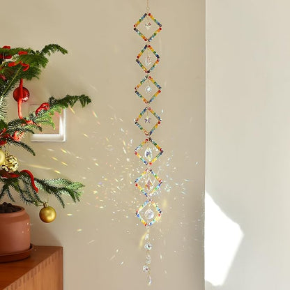 7 Chakra Crystal Light Catcher - Handwoven Sun Catcher with Geometric Metal Frames, Rainbow Maker for Windows, Garden & Balcony Decor, Rainbow Crystal Beads, 7-Tier (Jumping Colors)