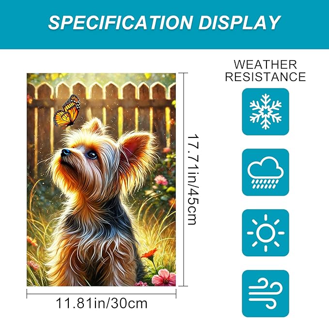BlissYard Spring Summer Garden Flag 12x18 Inch Dog Flag Double Sided Yorkshire Terrier Butterfly Garden Flags Outdoor Yard Lawn Porch Patio Decor Banner for Pet Lovers