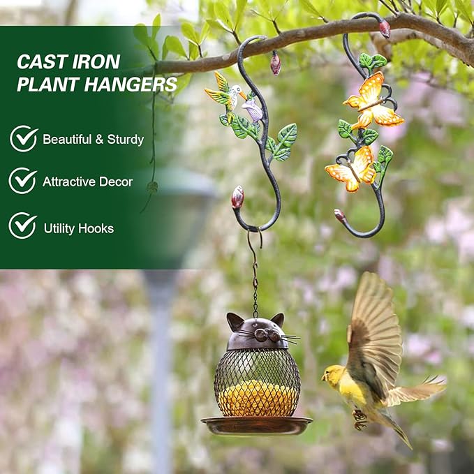 Sungmor Cast Iron Garden Hook Set, 11 Inch S Hook for Hanging, Decorative Flower Pot Hanger, Indoor/Outdoor Large Strong Ceiling Hooks for Macrame, Wind Chime, Bird Feeder