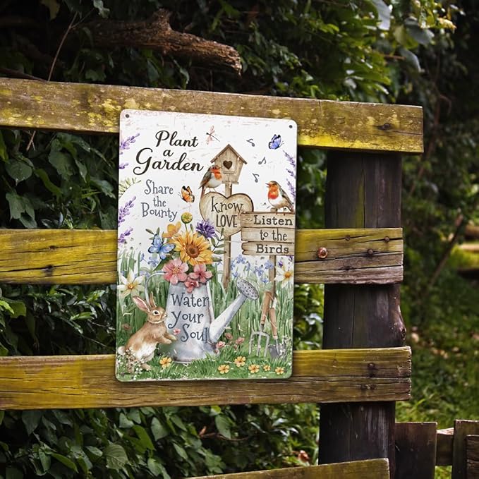 Garden Metal Decor Signs-Plant A Garden,Share the Bounty, Listen to the Birds, Water Your Soul Metal Sign for Gardeners Plant Lovers 12"x8"