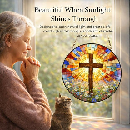 Christian Cross Suncatcher Window Hanging, 7.87" Stained Glass Mother’s Day Faith Gift for Mom Grandma, Radiant Cross Religious Decor for Window Prayer Room Sunroom Office