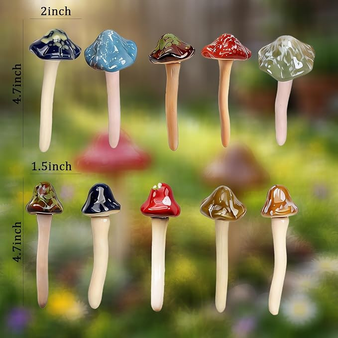 10 Pack Ceramic Garden Mushrooms, Garden Decor,Lawn Ornament Decor Mushrooms for Fairy Garden, Patio, Indoor Plant Pots, 4.7" Tall Pottery Mushroom Statues