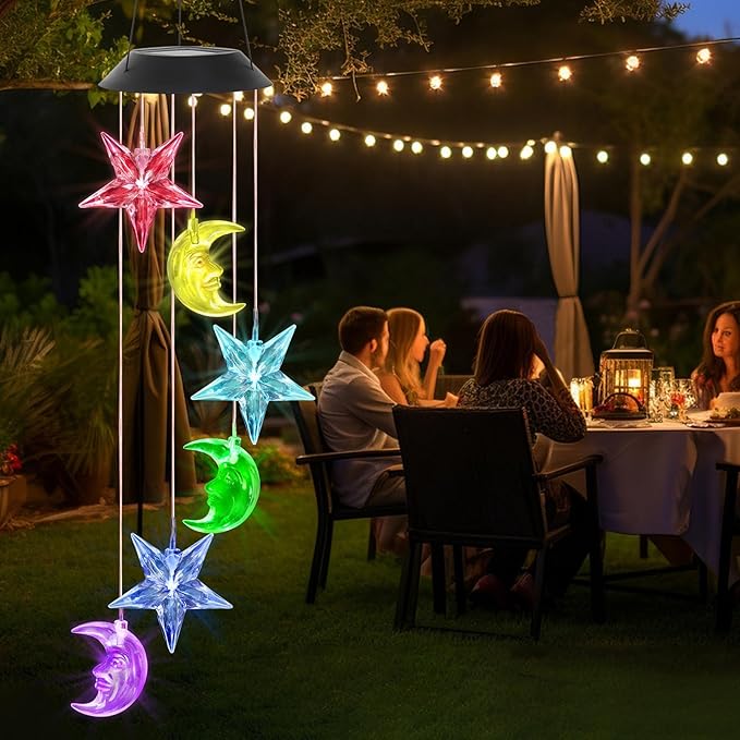 Solar Wind Chimes Outdoor Color Changing Hanging Waterproof Stars Lights Sun and Moon Decor Gifts for Mom Grandma Sister Powered Mobile for Outdoor Garden Patio Yard Window Indoor