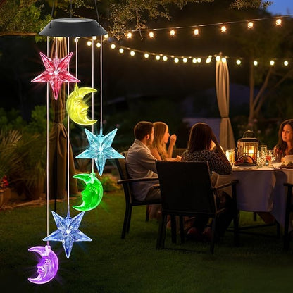 Solar Wind Chimes Outdoor Color Changing Hanging Waterproof Stars Lights Sun and Moon Decor Gifts for Mom Grandma Sister Powered Mobile for Outdoor Garden Patio Yard Window Indoor