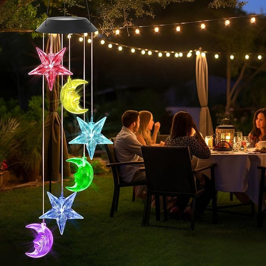 Solar Wind Chimes Outdoor Color Changing Hanging Waterproof Stars Lights Sun and Moon Decor Gifts for Mom Grandma Sister Powered Mobile for Outdoor Garden Patio Yard Window Indoor