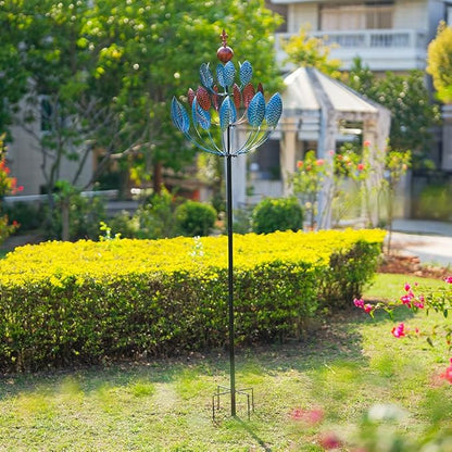 Stargarden Outdoor Metal Large Wind Spinners, 360 Degrees Swivel Kinetic Wind Sculptures-30 Dia*92.5" H Large Windmill, Metal Yard Art Garden Decor