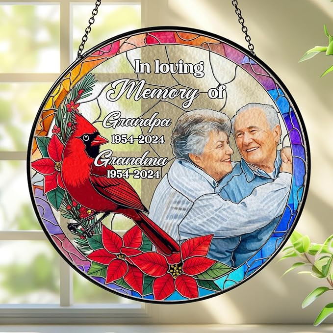 Personalized in Loving Memory Stained Glass Suncatcher, Custom Photo Window Hanging with Name & Date, Red Cardinal Suncatcher Remembrance for Loss of Loved One, Grandparent Memorial Gift