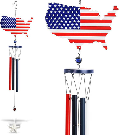 CoTa Global USA Map Flag Wind Chime - Handmade Metal Hanging Decor, Patriotic United States Ornament with Red Blue Tubes, Indoor Outdoor Porch Patio Yard Decoration - 33 Inches