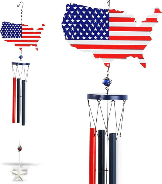 CoTa Global USA Map Flag Wind Chime - Handmade Metal Hanging Decor, Patriotic United States Ornament with Red Blue Tubes, Indoor Outdoor Porch Patio Yard Decoration - 33 Inches