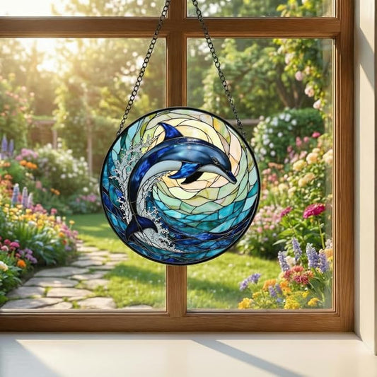 Dolphin Stained Glass Suncather for Window Hanging with Ocean Wave, 9'' Blue Dolphin Ornament Gift for Women, Ocean-Themed Home Decor Gift for Beach & Sea Lovers (Blue Dolphin, 9'')