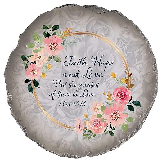 Magnolia Garden 10-Inch Faith Hope and Love Decorative Stepping Stone – 1 Corinthians 13:13 Scripture Resin Garden Tile – Pink Floral Religious Outdoor Accent