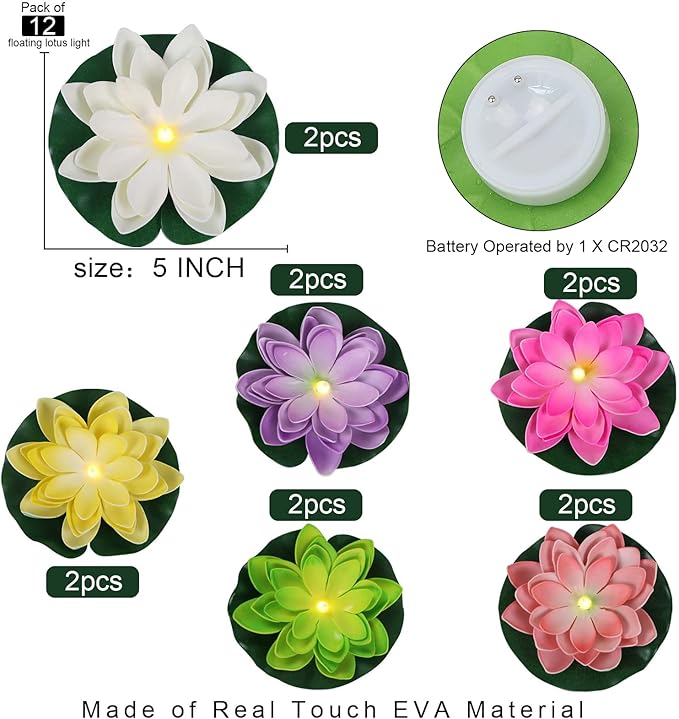 LACGO 12 PCS Floating Lotus Tea Lights - 5 Inch Floating Flowers Water Lily LED Candles for Pool, Bath, Wedding, Party Decor - Water Activated Lotus Flower Pool Lights(Mix-Color)
