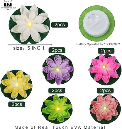 LACGO 12 PCS Floating Lotus Tea Lights - 5 Inch Floating Flowers Water Lily LED Candles for Pool, Bath, Wedding, Party Decor - Water Activated Lotus Flower Pool Lights(Mix-Color)