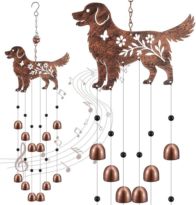 Cinnvoice 24 Inch Metal Wind Chimes Decor for Outside Garden Birthday Gift for Women Men Bronze Windchimes Pet Memorial Gift with 12 Bell for Patio Yard Lawn Housewarming Front Yard(Golden Retriever)