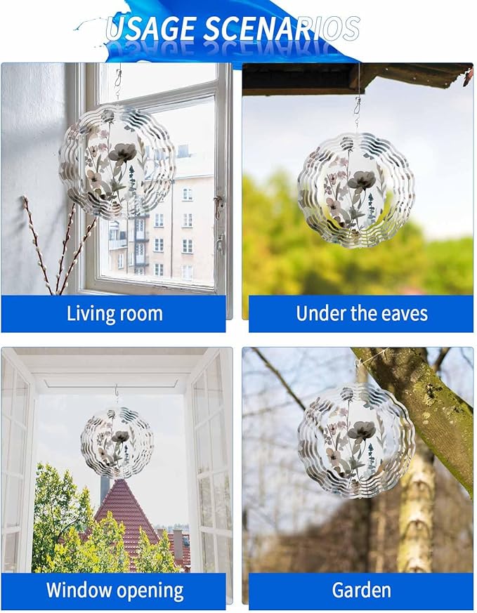 Stainless Steel Wind Spinner for Yard Garden Decoration, Ink Painting Wildflowers Nature Style Round Wind Sculpture Spinner 3D Crafts Hanging Ornaments for Indoor Outdoor, 8 Inch