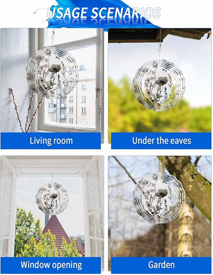 Stainless Steel Wind Spinner for Yard Garden Decoration, Ink Painting Wildflowers Nature Style Round Wind Sculpture Spinner 3D Crafts Hanging Ornaments for Indoor Outdoor, 8 Inch