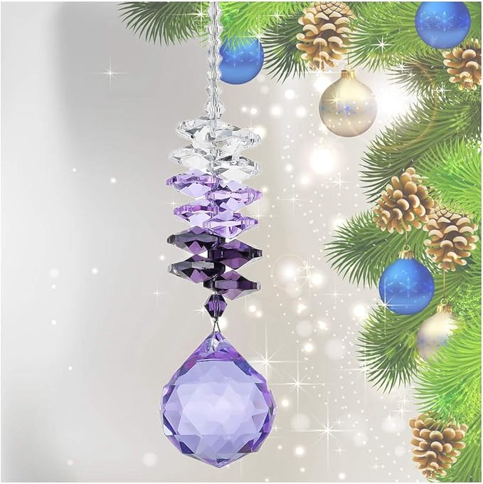 H&D 30mm Purple Chandelier Crystals Ball Rainbow Octogon Chakra Hanging Suncatcher Decorating Balls
