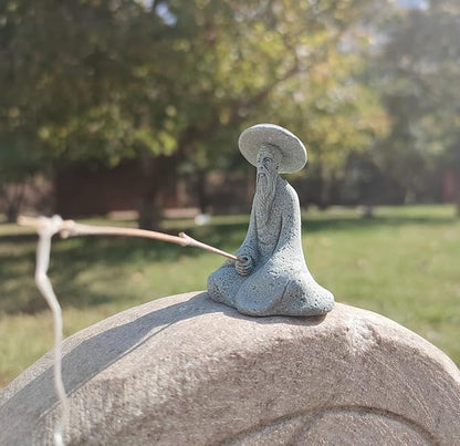 livelyfish Mini Fisherman Statue Asian Zen Decoration Sitting Fishing Figurines Sandstone Vintage Ornament for Aquarium Fish Tank Pot Garden Home Japanese Decor (B)