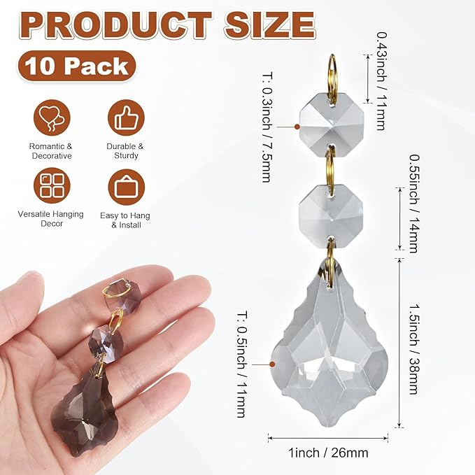 M METERXITY 10PCS Crystal Suncatcher 2 Leaves Prisms Pendants Ornament, 38mm Chandelier Hanging Crystal Sun Catcher Beads for Home Garden Windows Wedding DIY Decoration [EP Grey]