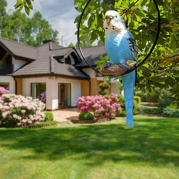 Hanging Parrot Statue Resin Parrot Ornament Metal Round Ring Decoration for Garden Resin Sculpture for Garden Patio Wall Craft Home Outdoor Decoration-02