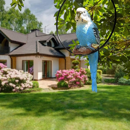 Hanging Parrot Statue Resin Parrot Ornament Metal Round Ring Decoration for Garden Resin Sculpture for Garden Patio Wall Craft Home Outdoor Decoration-02
