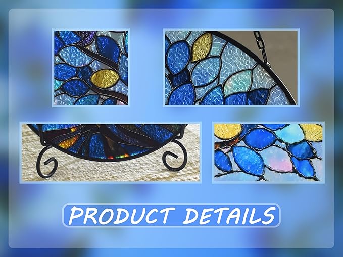 Stained Glass Window Hangings, Tree of Life with Hummingbird Suncatchers for Window, Treasured Gift for Mom, Grandma, Family and Friends (Blue, 6.7x6.7 in)