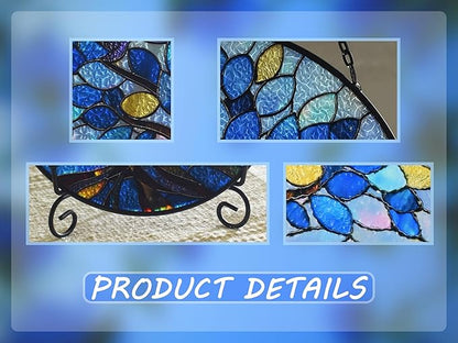 Stained Glass Window Hangings, Tree of Life with Hummingbird Suncatchers for Window, Treasured Gift for Mom, Grandma, Family and Friends (Blue, 6.7x6.7 in)