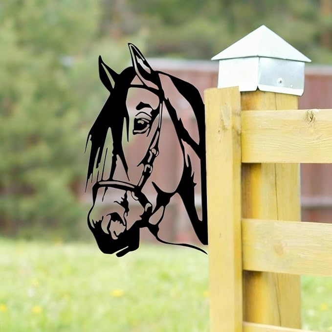 Peeping Metal Horse Wall Art - Garden Fence Decorations for Outdoor, Farmhouse Yard Art, 11.65" x 9.06" Black Horse Silhouette for Tree, Fence, or Barn (Screws Included)
