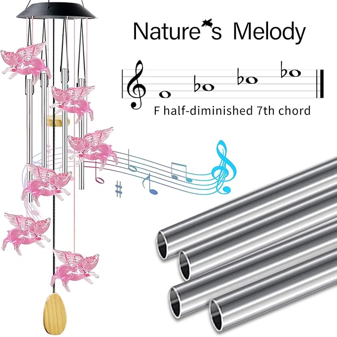 Pig Solar Wind Chimes with 4 Music Aluminum Tubes, 7 Colors Changing Outdoor Waterproof Flying Pig LED Wind Bell, Patio Garden Yard Decor(Mom, Women, Gardening Gifts)