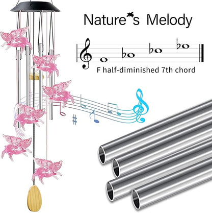 Pig Solar Wind Chimes with 4 Music Aluminum Tubes, 7 Colors Changing Outdoor Waterproof Flying Pig LED Wind Bell, Patio Garden Yard Decor(Mom, Women, Gardening Gifts)