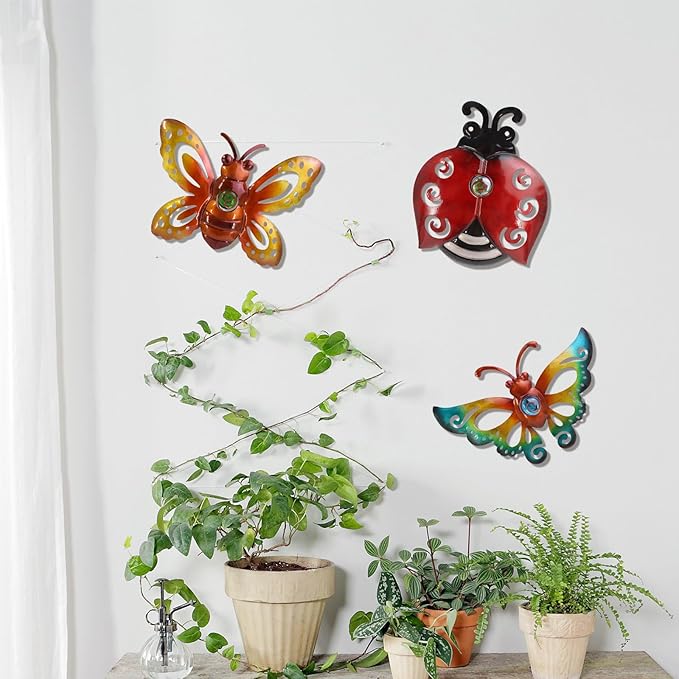 Garden Decor Butterfly Ladybug Bee Metal Wall Art Decor, Wall Decoration Hanging for Home Garden Porch Patio Balcony Ornament for Outdoor Gift, 3 Pack 9 Inch