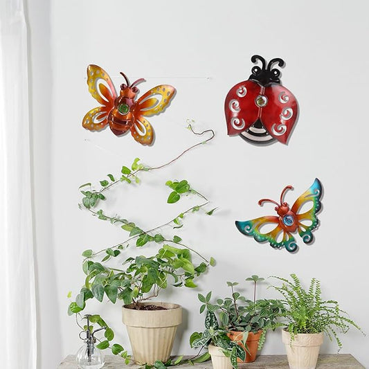 Garden Decor Butterfly Ladybug Bee Metal Wall Art Decor, Wall Decoration Hanging for Home Garden Porch Patio Balcony Ornament for Outdoor Gift, 3 Pack 9 Inch