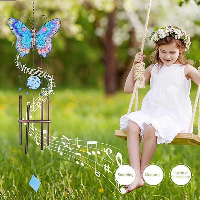 Taman Wind Chimes, 40" Butterfly Glass Wind Chime Colourful Wings Decorative Valentine's Day Gift Memorial Sympathy Gift Mom for Home, Outdoor, Yard, Patio,Garden Decor