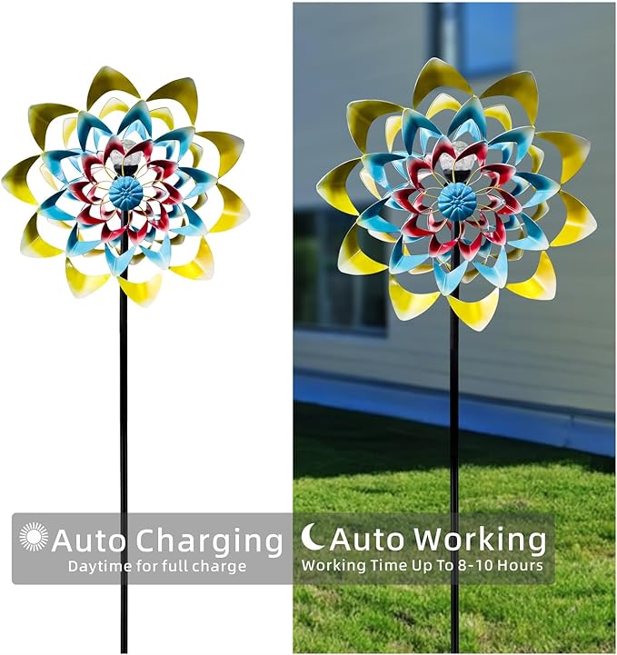 Outdoor Wind Spinner with Garden Stake 82.7" Metal Two-Way Wind Sculptures Solar Color Changing Lights Large Windmills for Garden,Patio,Yard,Lawn Decor Gifts Flower