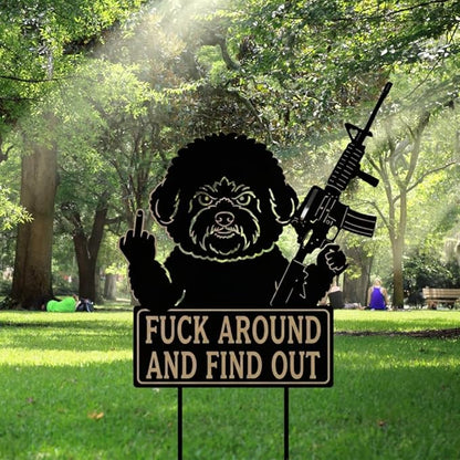 F Around & Find Out Dog Sentry Metal Dogs Silhouette Garden Stake with Middle Finger &Weapon Sign, FAFO Security Sign Middle Finger Dog Statue Decor for Outdoor Yard Patio (Poodle, 8 * 16")