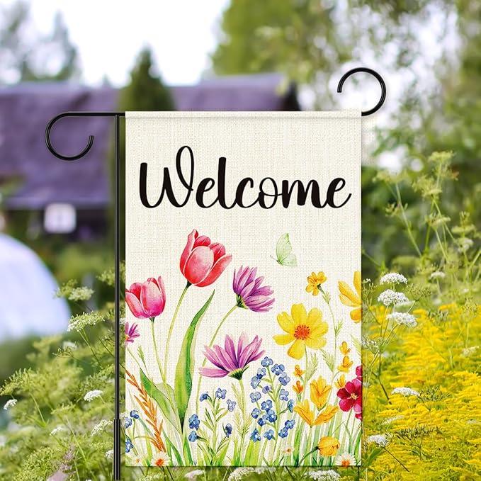 Spring Floral Welcome Garden Flag for Outside,Welcome Spring Yard Flag for Lawn Porch Flags for Outdoor Decorations 12x18 Inch Double Sided
