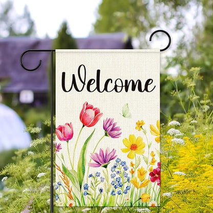 Spring Floral Welcome Garden Flag for Outside,Welcome Spring Yard Flag for Lawn Porch Flags for Outdoor Decorations 12x18 Inch Double Sided