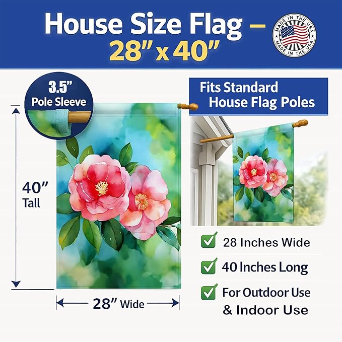 Caroline's Treasures Alabama Camellia in Watercolor House Flag Large Porch Sleeve Pole Decorative Outside Yard Banner Artwork Wall Hanging, Polyester, House Size, Multicolor