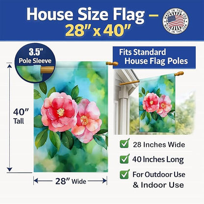 Caroline's Treasures Alabama Camellia in Watercolor House Flag Large Porch Sleeve Pole Decorative Outside Yard Banner Artwork Wall Hanging, Polyester, House Size, Multicolor