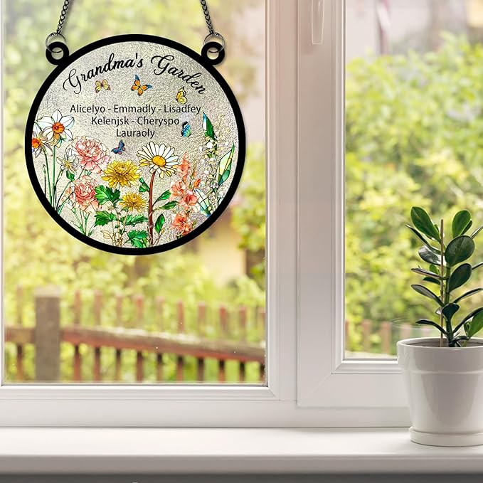 Personalized First Mom Now Grandma Stained Glass Suncatchers, Custom Name Birth Month Flowers Window Hanging Ornament, Mothers Day Grandmas Garden Gifts for Grandma Mom (Rectangle 4)