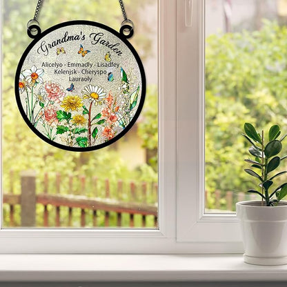 Personalized Grandmas Garden Stained Glass Suncatchers, Custom Name Birth Month Flowers Window Hanging Ornament, Mothers Day Christmas Birthday Gifts for Grandma Mom Nana Mimi (Round 2)