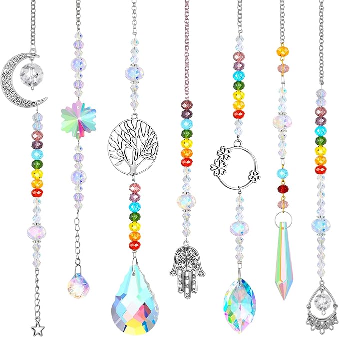 7 Pieces Sun Catcher Crystals Colorful Hanging Prism Suncatcher Window Ornament Beads Chain Sphere Chandelier Pendants for Home Wedding Gifts Decoration (Fresh)