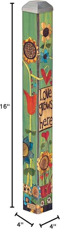 Studio M Art Pole, PVC Weather Resistant Pole with Vinyl Bowl 16 inches Tall Outdoor Decoration for Gardens, Patios, Yards, Landscaping and Birding Accessories, Love Grows Here
