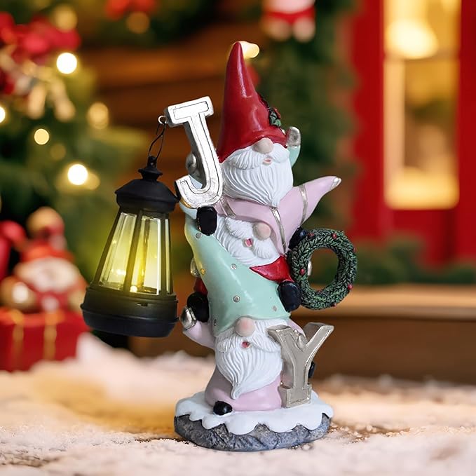 Garden Gnome Statue with Solar Lights, Funny Triple Gnome Holding Joy Outdoor Resin Sculptures Decor for Home Patio Lawn Yard Porch Balcony, Housewarming Birthday Gifts