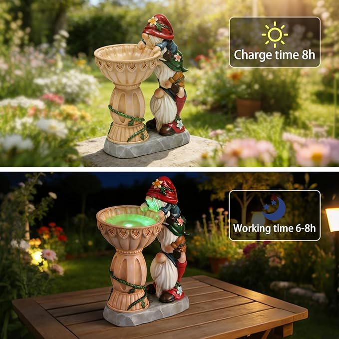 Garden Gnomes Outdoor Gnomes Garden Decorations for Yard Colorful Lights Resin Solar Outdoor Statues with Bird Bath Feeder Outside Lawn Patio Housewarming Gifts 6.25 * 4.25 * 9.25 Inch