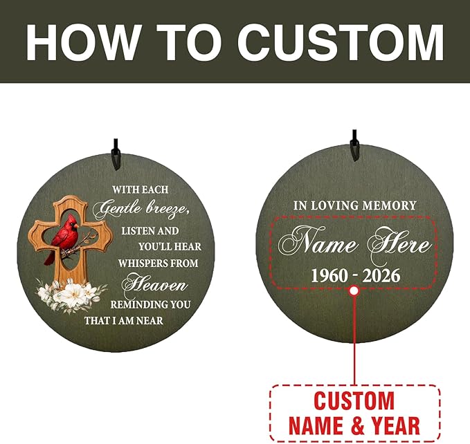 Personalized Wind Chimes, 36inch Custom Sympathy Words for Loss of Loved Dad/Mom, Cardinal Memorial Gifts Keepsake, Decorative Wind Chime Outdoor Decor (Produced in USA)