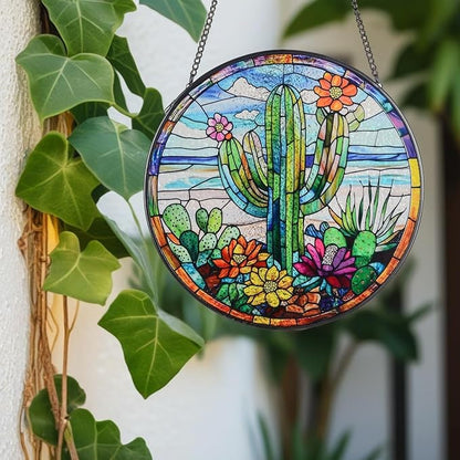 Cactus Suncatcher Decor, Cactus Stained Glass Window Art Beach Decor Sea Glass Hanging - 7.9" Outdoor/Indoor Art Decor for Home Garden