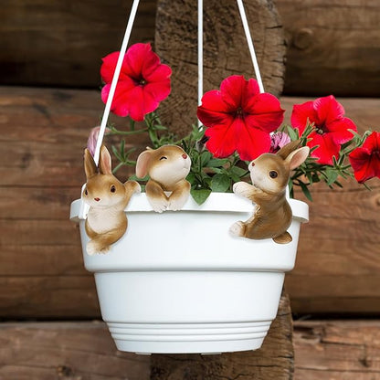 Set of 3 Cute Bunny Figurines Hanging Animal Statue, Climbing Statue and Vase Miniature Fairy Garden Terrarium Decor, Art Patio Lawn Yard Outdoor Fence Rabbit Hanger Animal Ornament